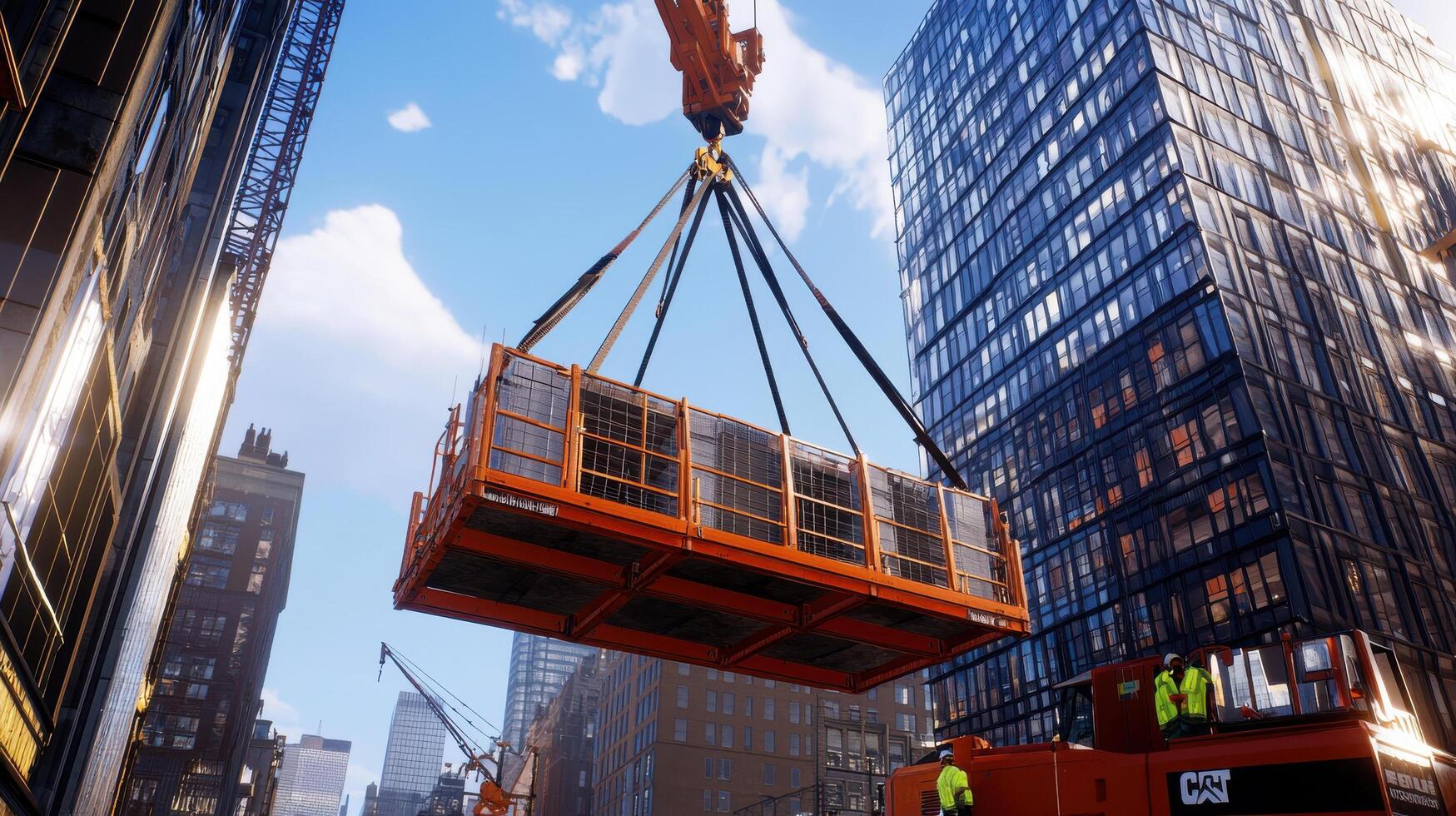 A crane lifting a large container onto a city street photo