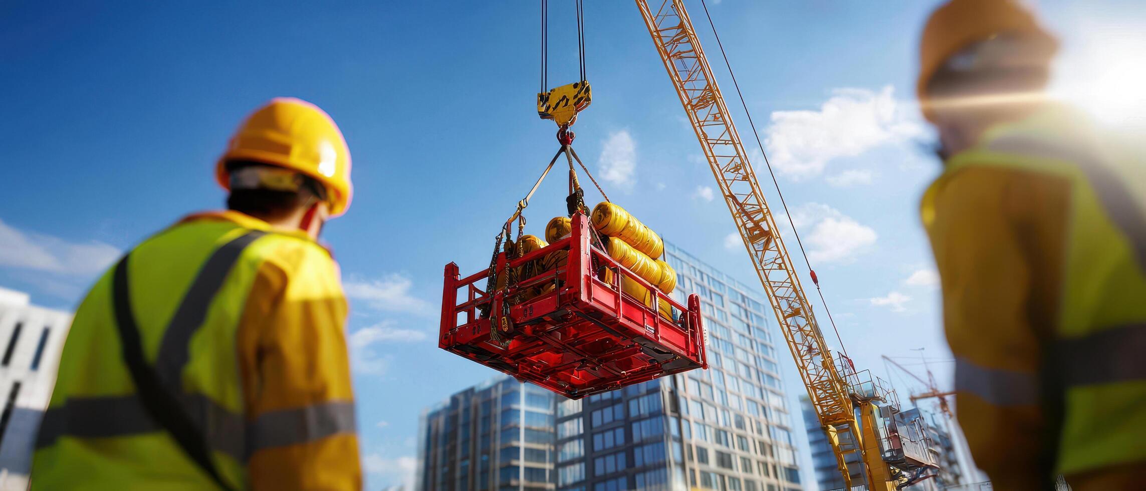 Construction workers observe crane lifting materials for skyscraper. scene captures teamwork and precision involved urban photo