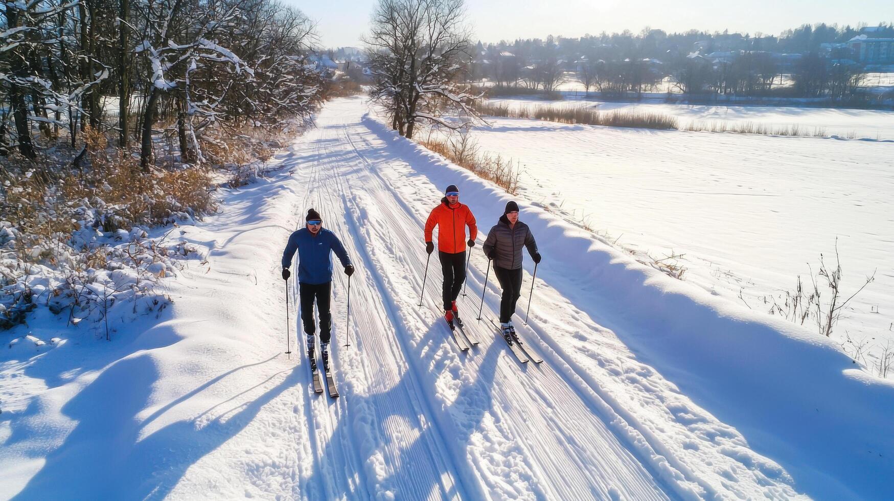 Three people cross country skiing on a snowy trail photo