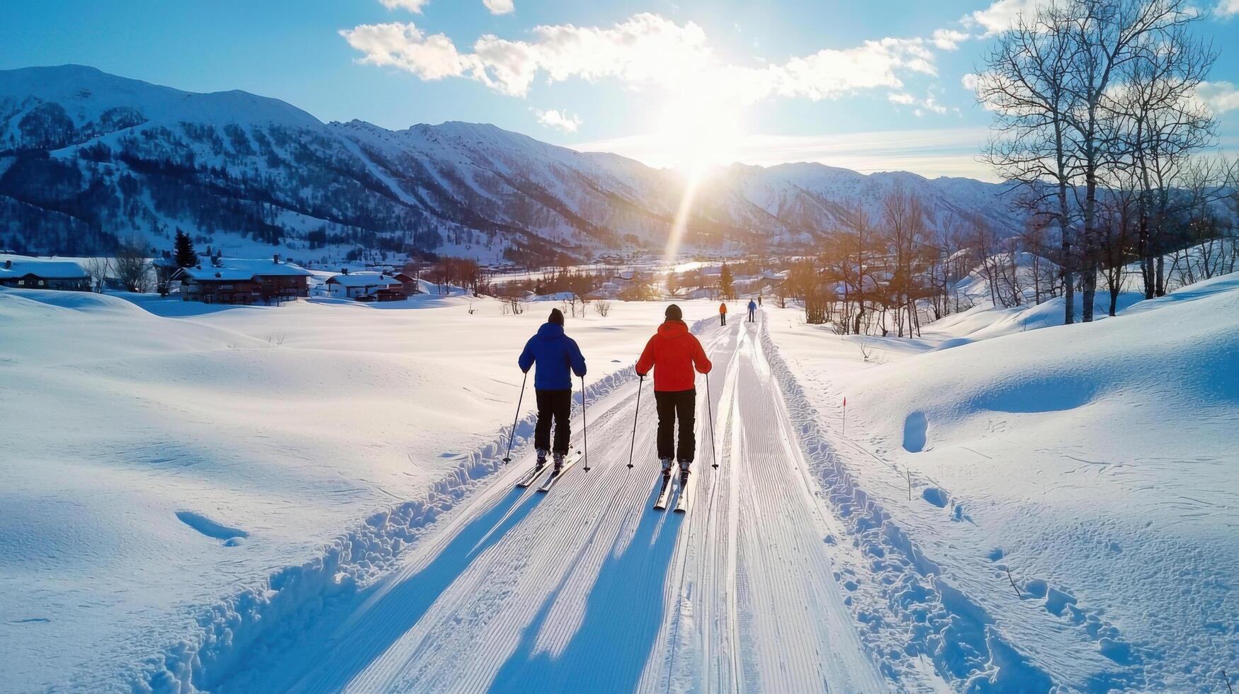 Two people cross country skiing on a snowy trail photo
