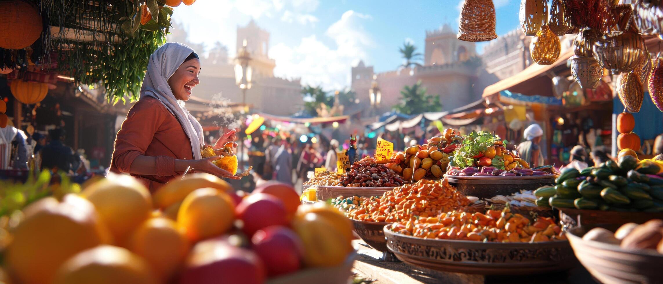 lively street market filled with people enjoying fresh fruits and vibrant colors photo
