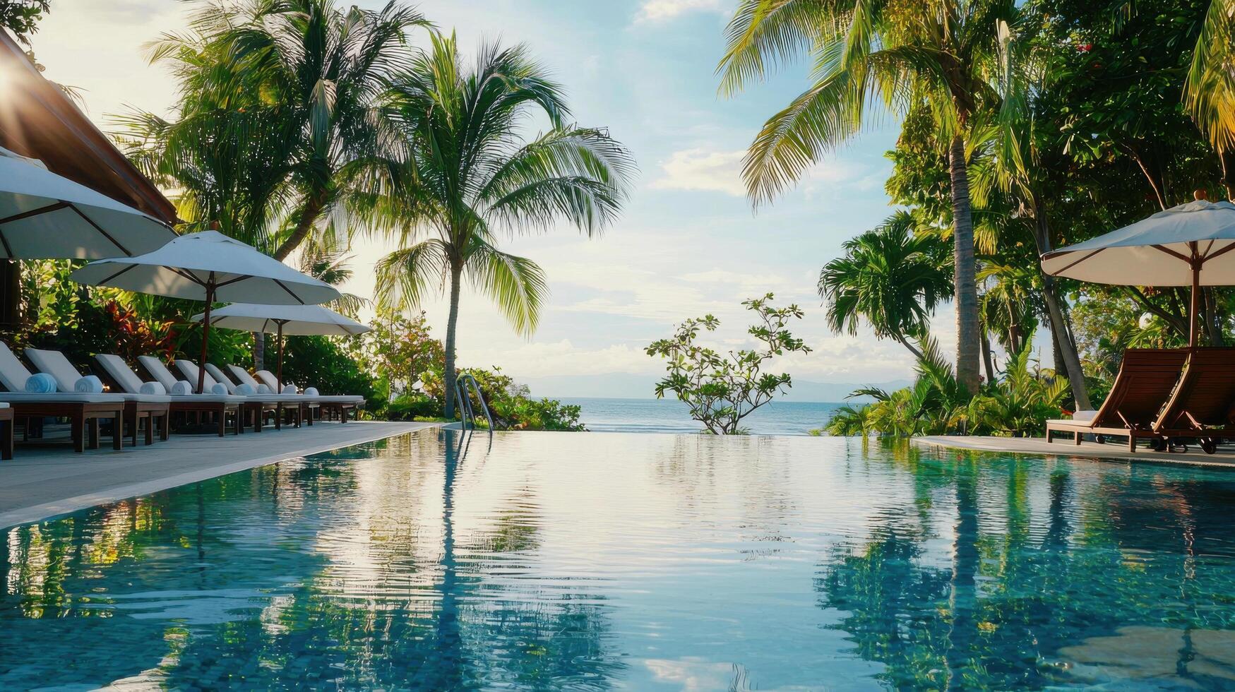 luxurious resort pool overlooking tropical paradise with palm trees and sun loungers, creating serene atmosphere photo