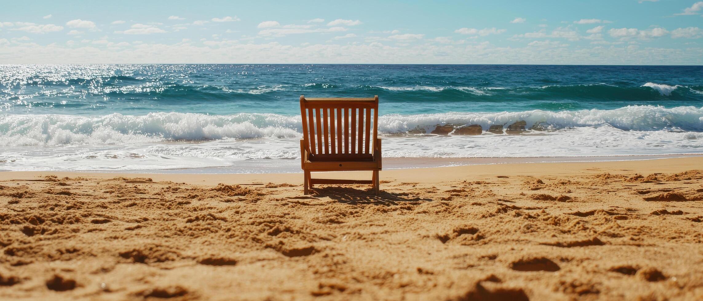serene beach scene featuring gentle waves and empty lounge chair, inviting relaxation and tranquility photo