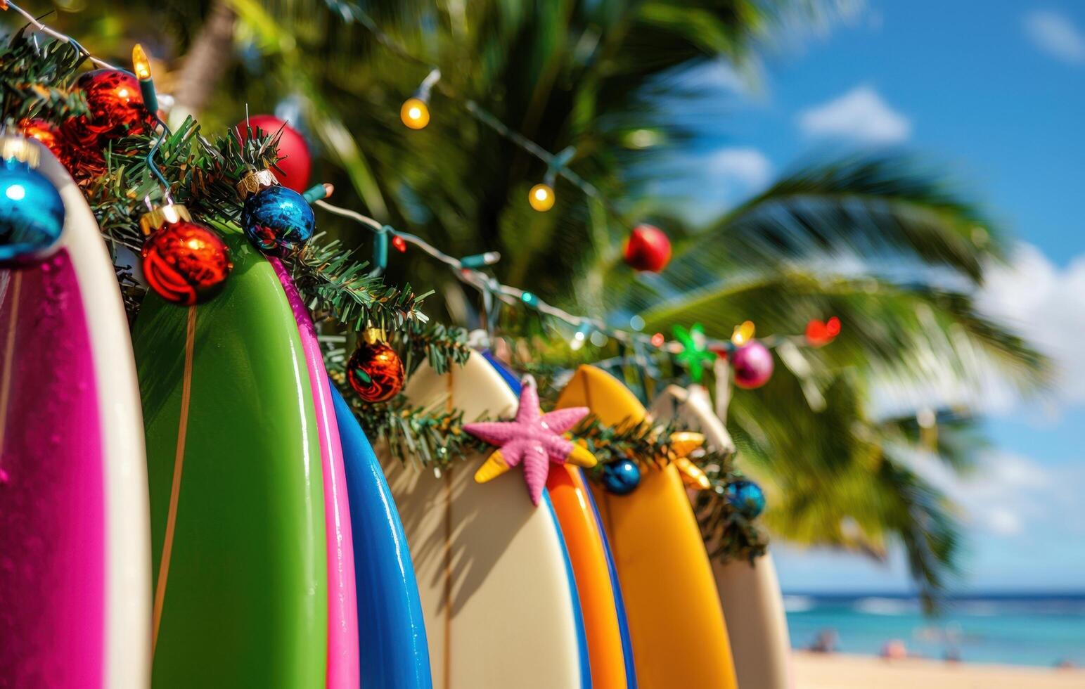 A group of surfboards are hanging on a string photo