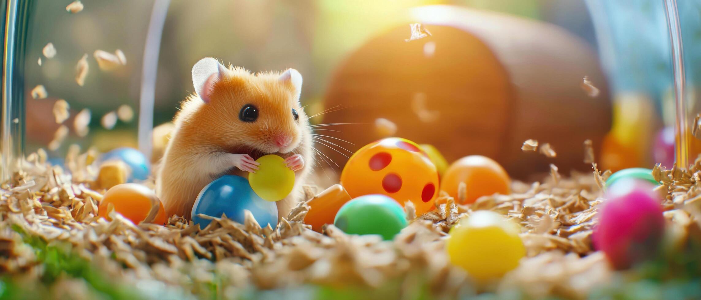 Tiny hamsters exploring colorful balls in glass cage filled with bedding. Their playful nature brings joy and curiosity photo