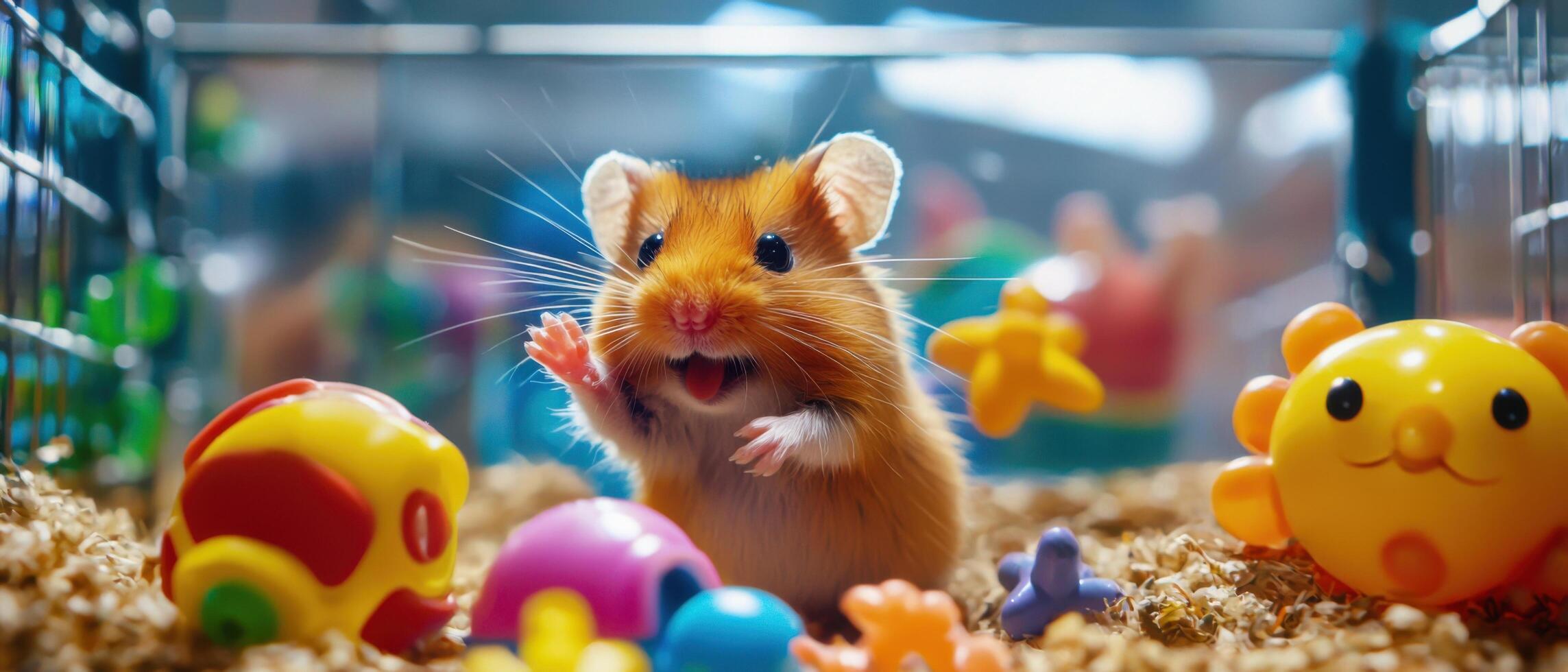 A hamster in a cage with toys photo