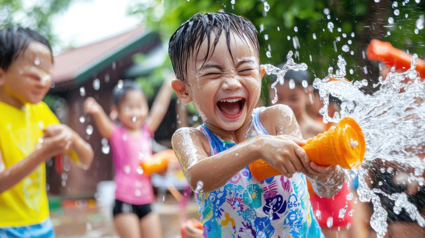 Children playing water games during festival, joyful expressions, summer fun photo