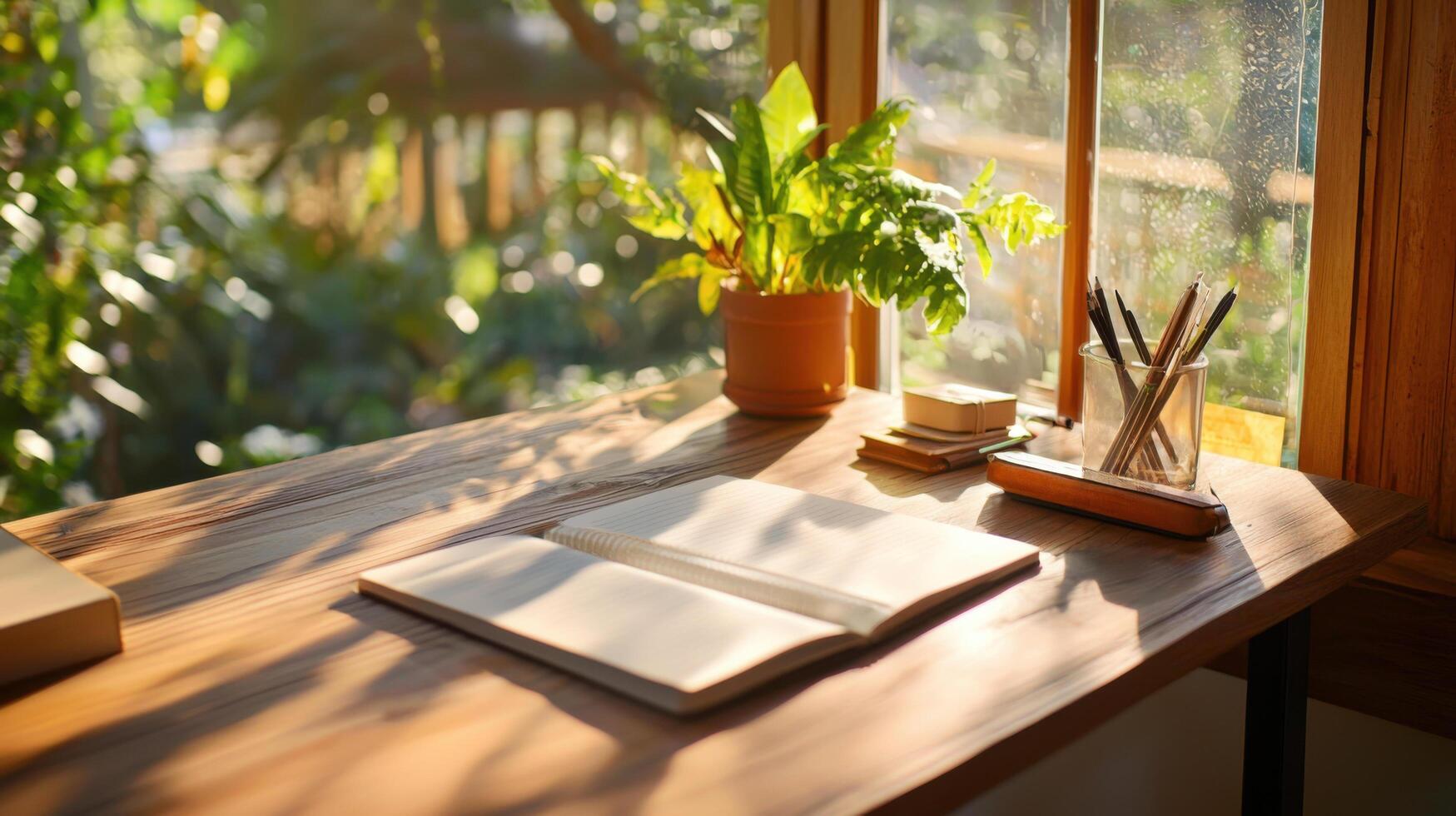 A desk with a book, pen, and a plant on it photo