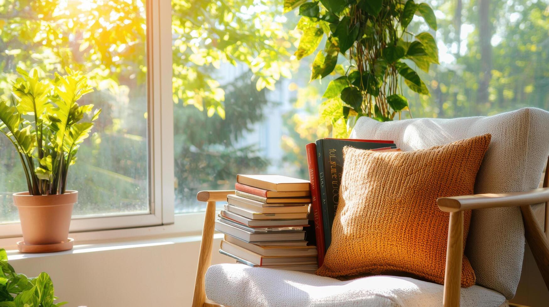 cozy reading nook with plush chair, sunlight, and stack of books. Perfect for relaxation and enjoying nature photo