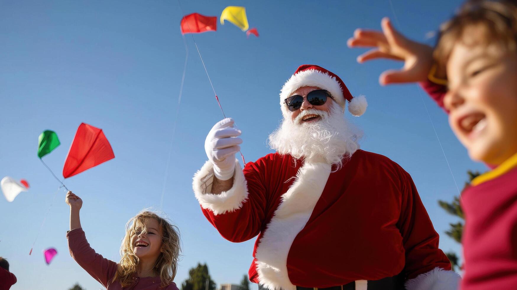 Santa flying kites with kids filled with laughter and joy on sunny day photo