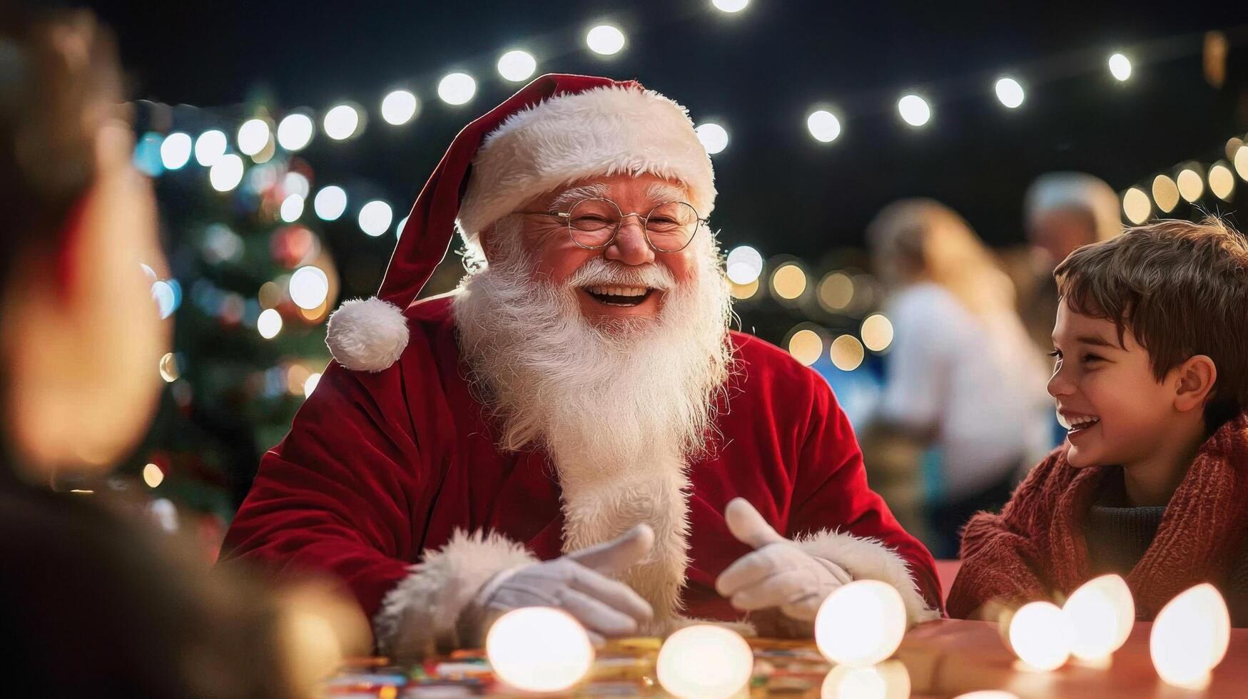 Santa celebrating joyful game night with child under festive lights, creating warm memories photo