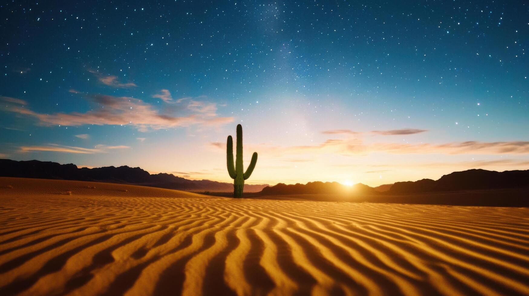 Desert landscape with cactus at sunset photo