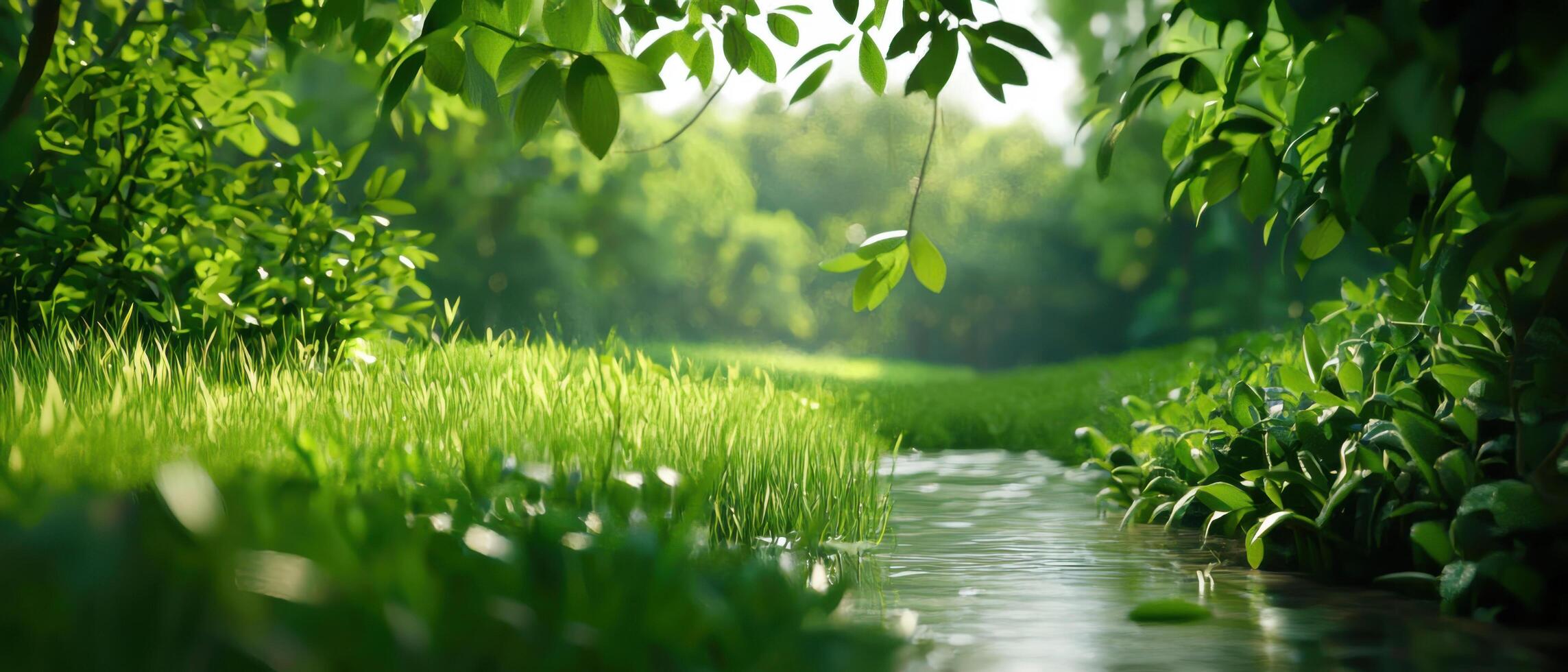 Lush green forest with serene stream flowing through vibrant foliage photo