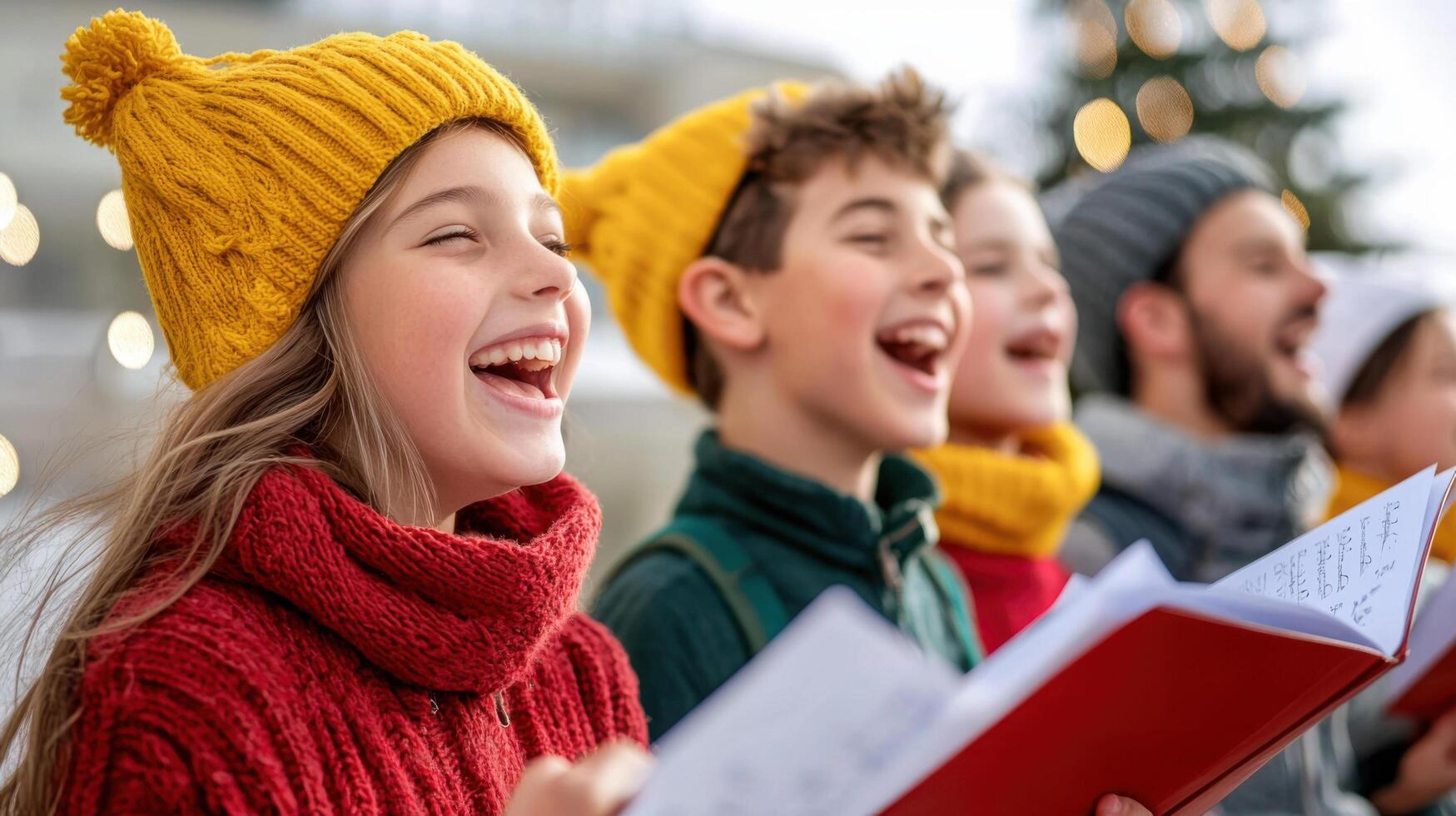 Cheerful carolers singing joyfully during winter festivities, wearing warm hats and scarves photo