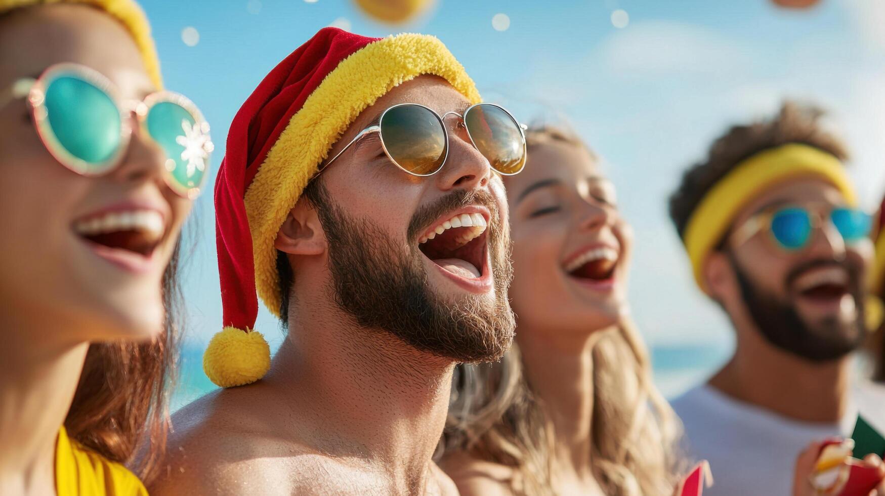 Cheerful carolers singing on sandy shores during summer, enjoying festive spirit with sunglasses and holiday hats photo