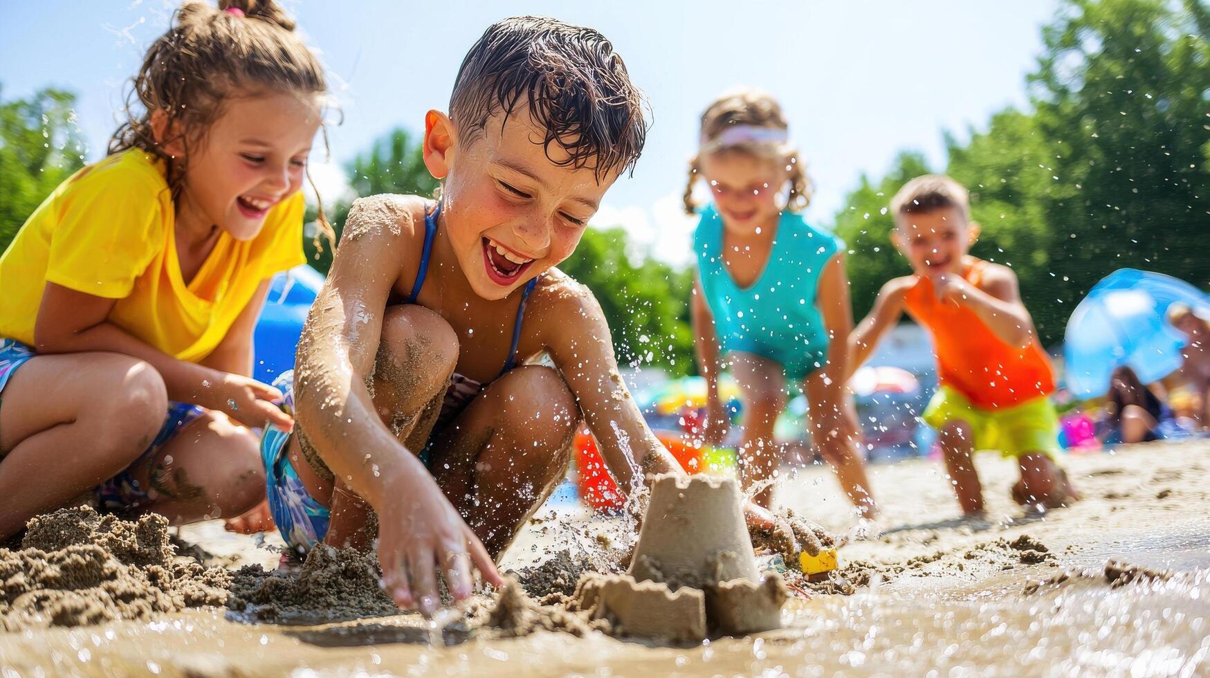 Children playing in the sand at the beach photo