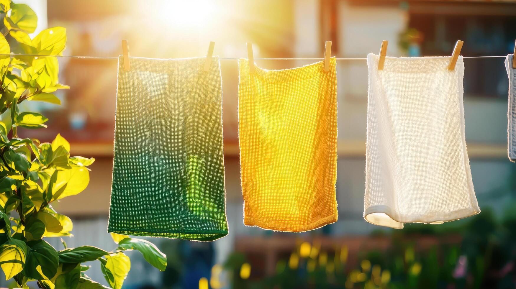 Several colorful towels hanging on a clothesline photo