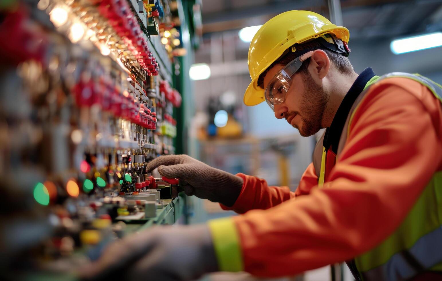 Electric installation work with various tools and equipment, showcasing focused technician in safety helmet photo