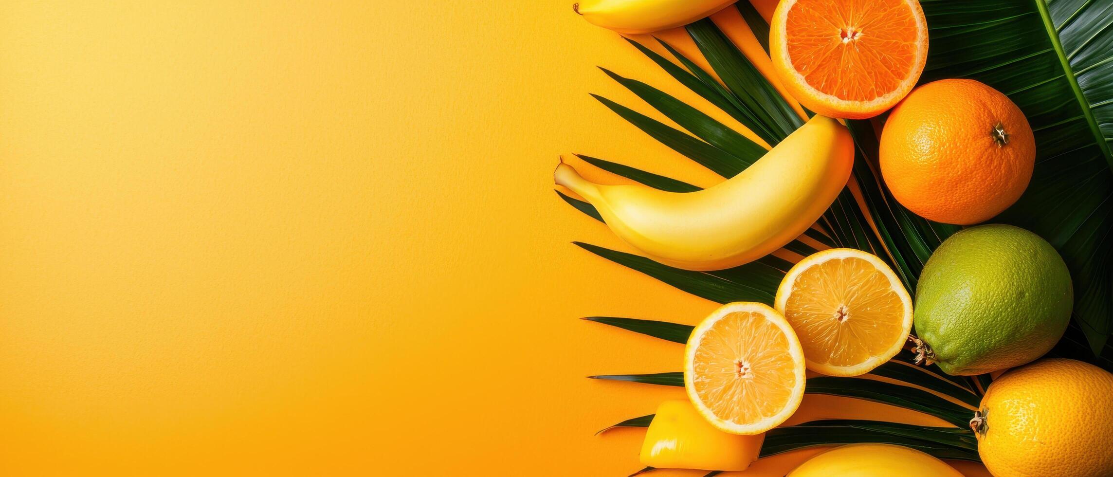 Fresh tropical fruits arranged on vibrant yellow background, evoking joy photo