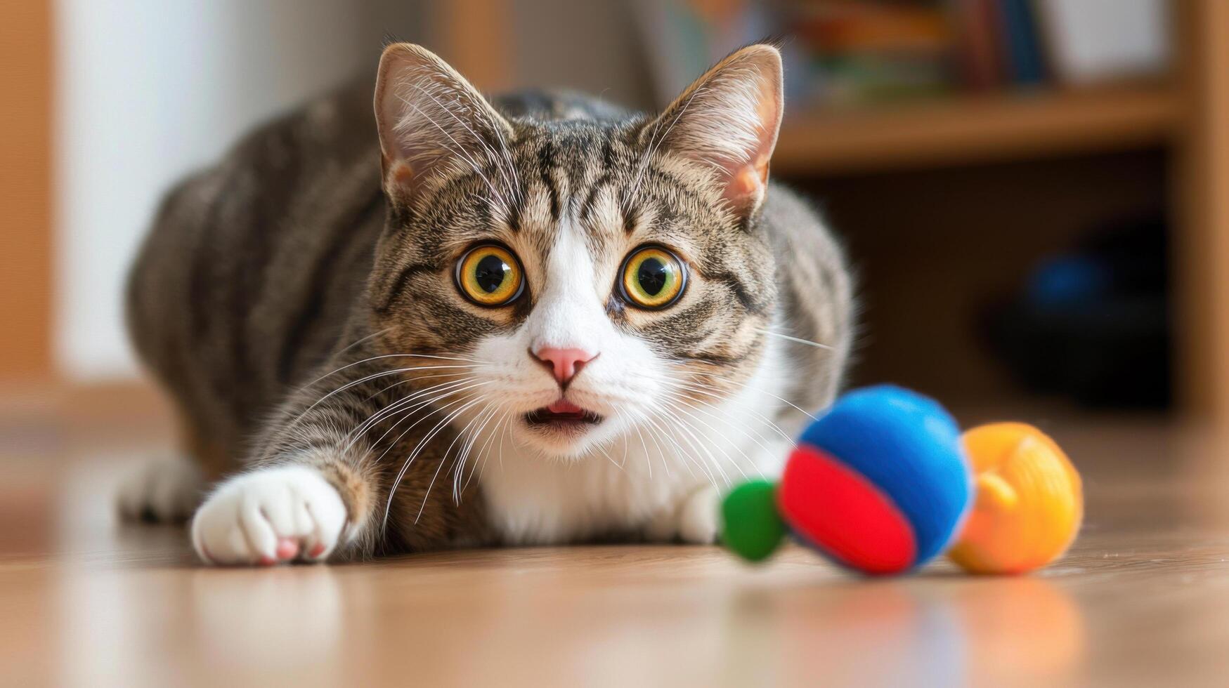 cat with funny face caught mid pounce on colorful toy, showcasing its playful nature and curiosity photo