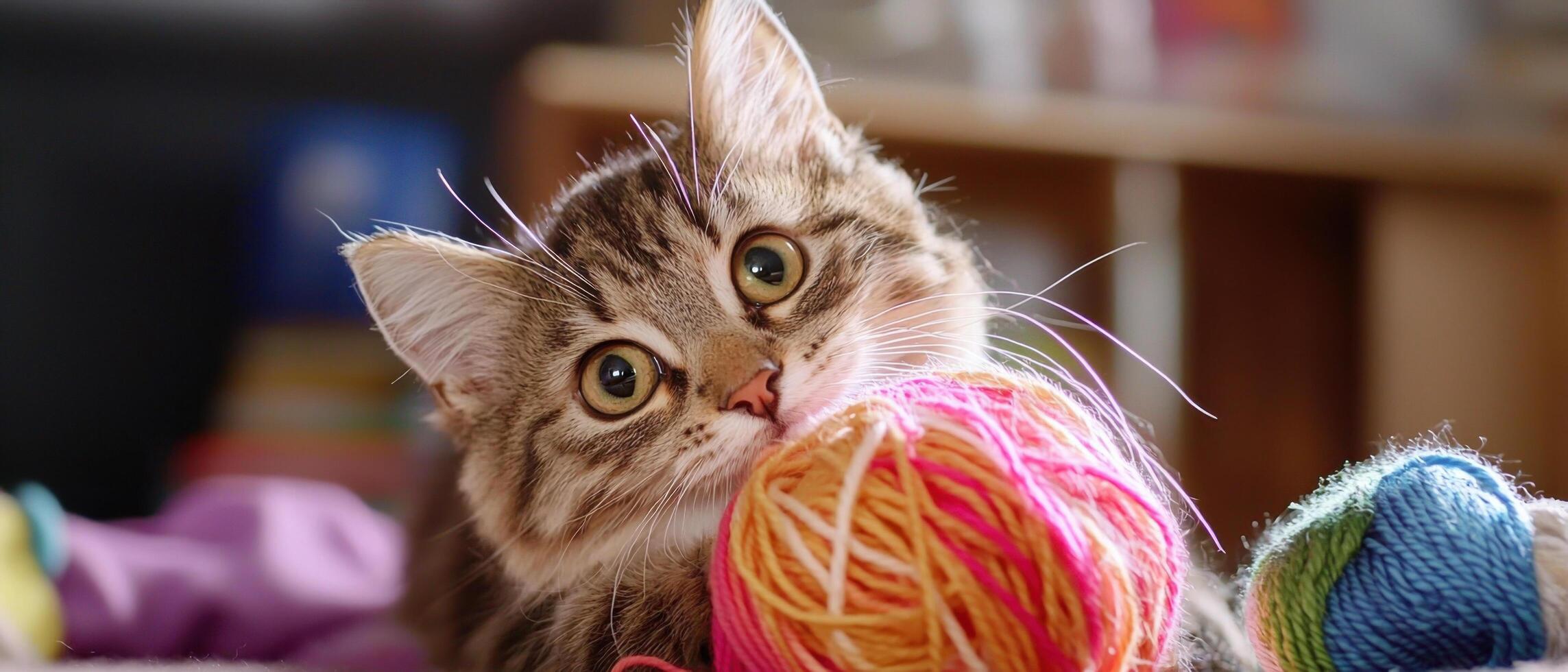 playful cat with quirky expression, enjoying colorful yarn balls photo