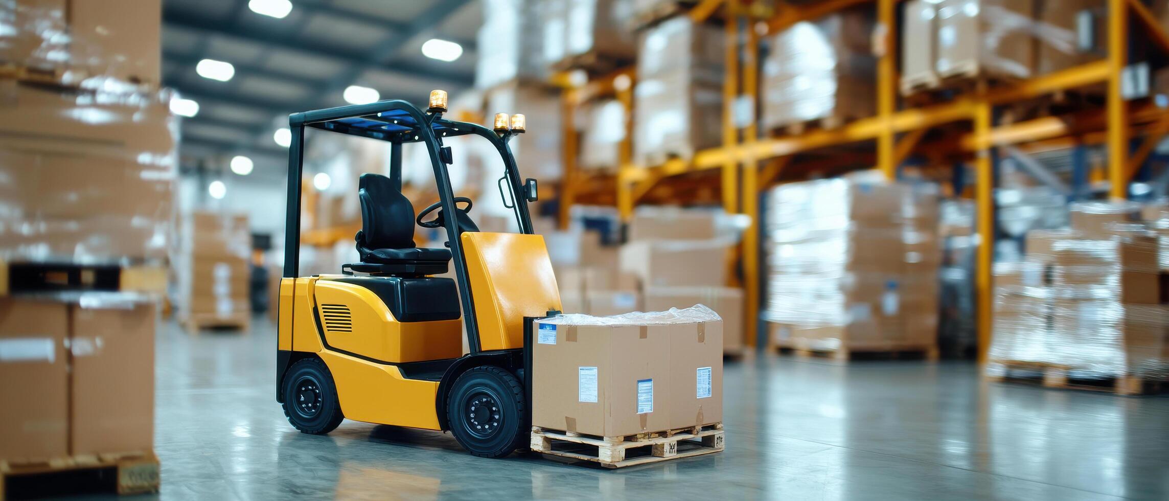 Efficient logistics with yellow forklift moving boxes in warehouse photo