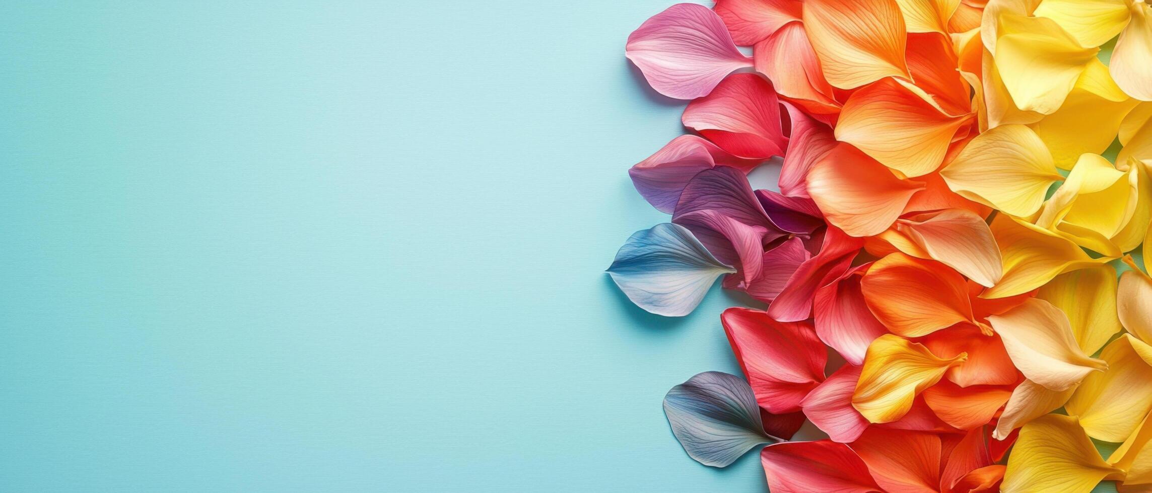 Colorful flower petals create vibrant display against blue background photo