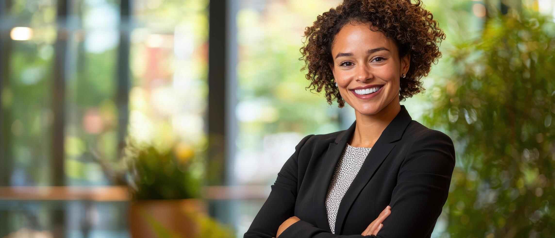 confident businesswoman smiling while mentoring young professionals in modern office environment photo