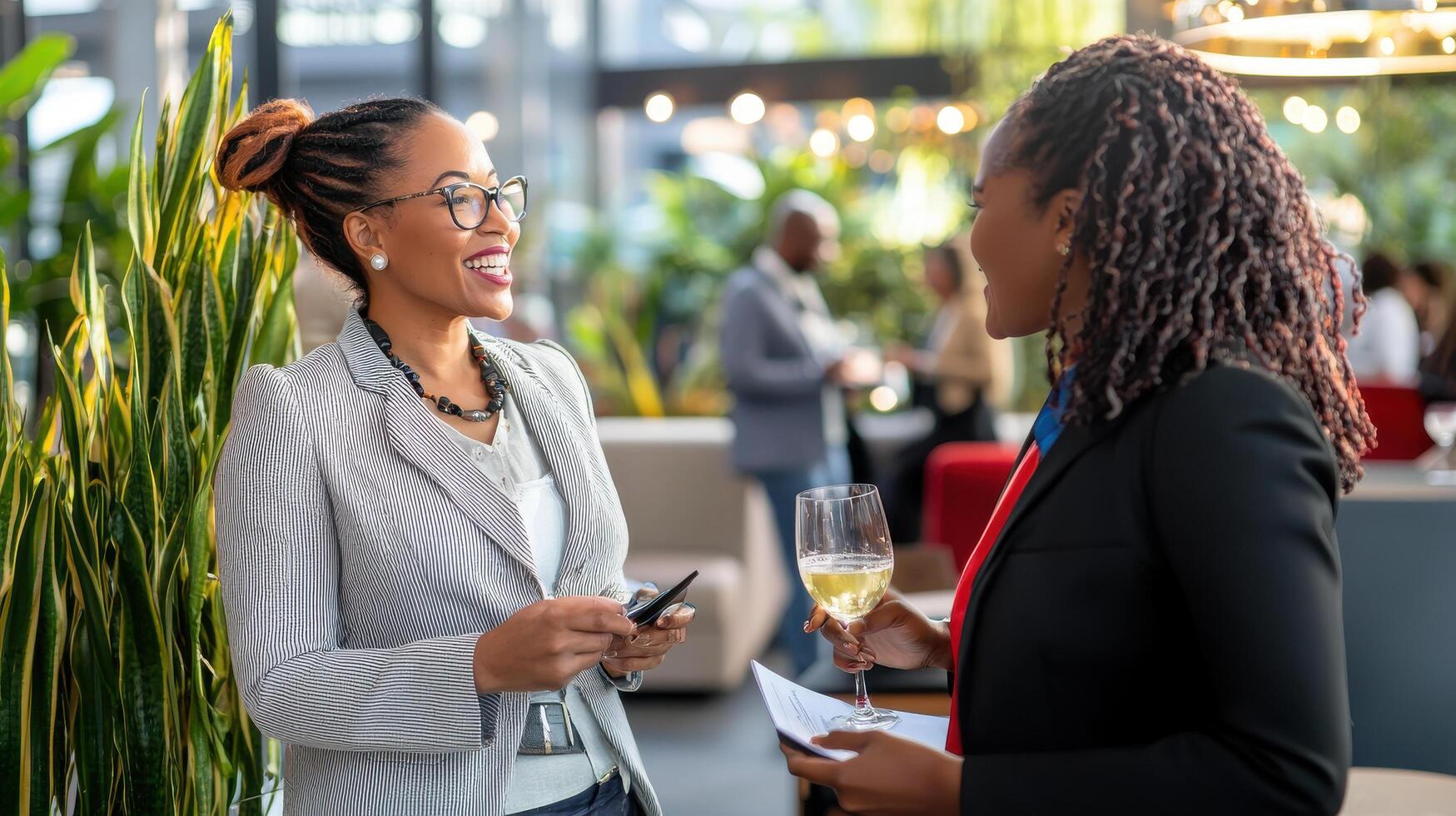 Networking businesswomen engaging at vibrant event, sharing ideas and drinks photo