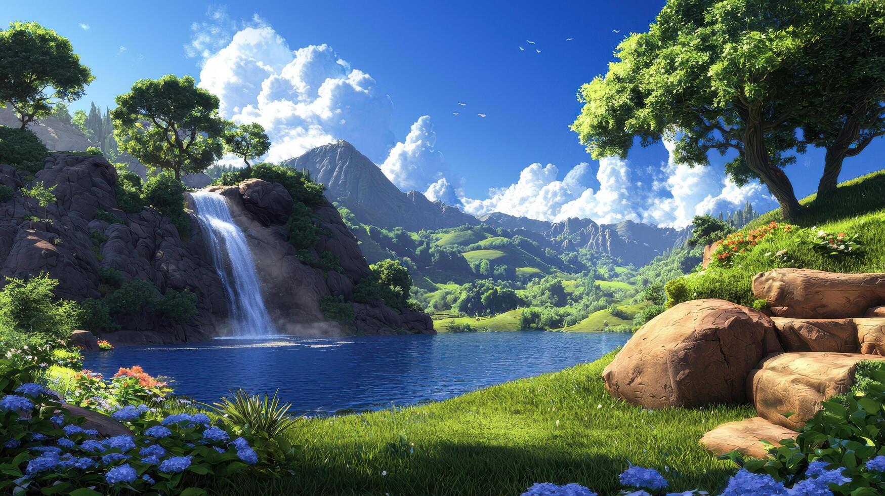 serene landscape featuring waterfall cascading into calm lake, surrounded by lush greenery and vibrant flowers photo