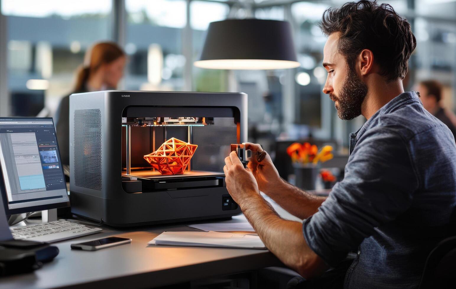 Innovative engineer exploring 3D printing technology in modern workspace photo