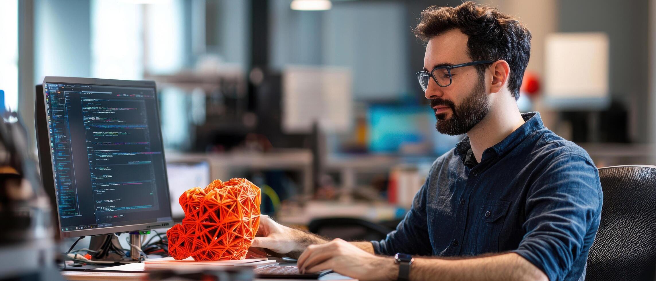 Engineer working on 3D printing applications with model at desk photo