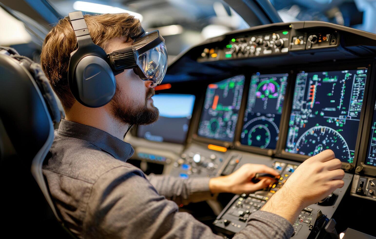 Engineer using virtual reality headset in flight simulator cockpit photo