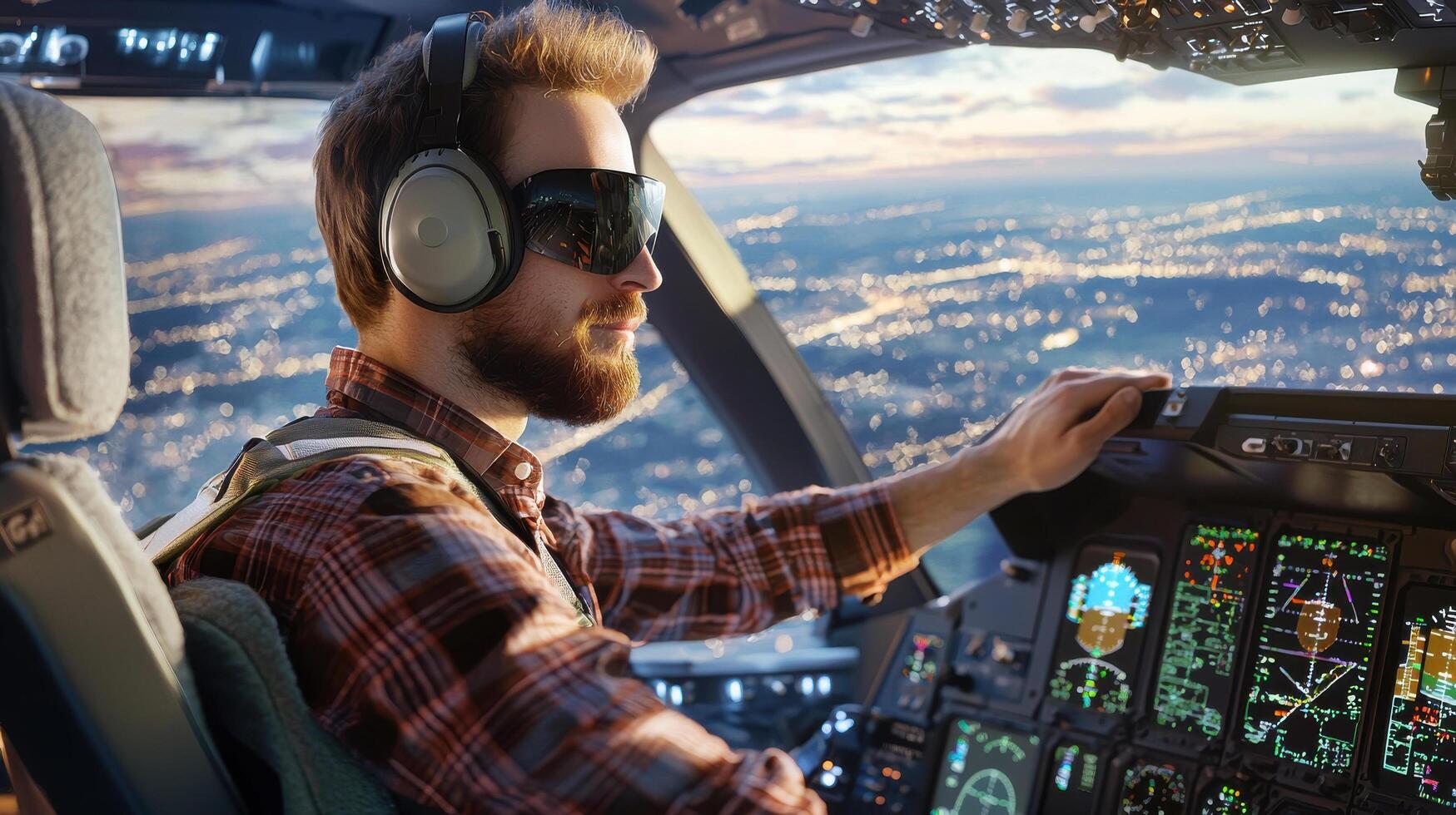 Pilot operating aircraft cockpit with advanced technology at sunset photo