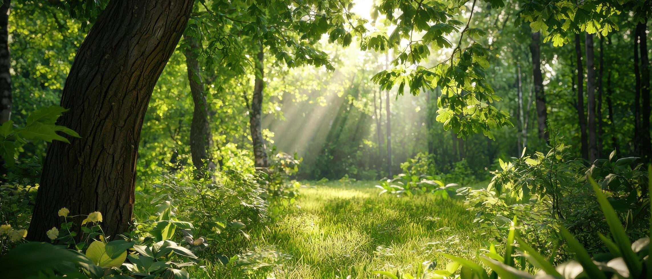 serene forest scene with sunlight filtering through lush green leaves, creating peaceful atmosphere photo