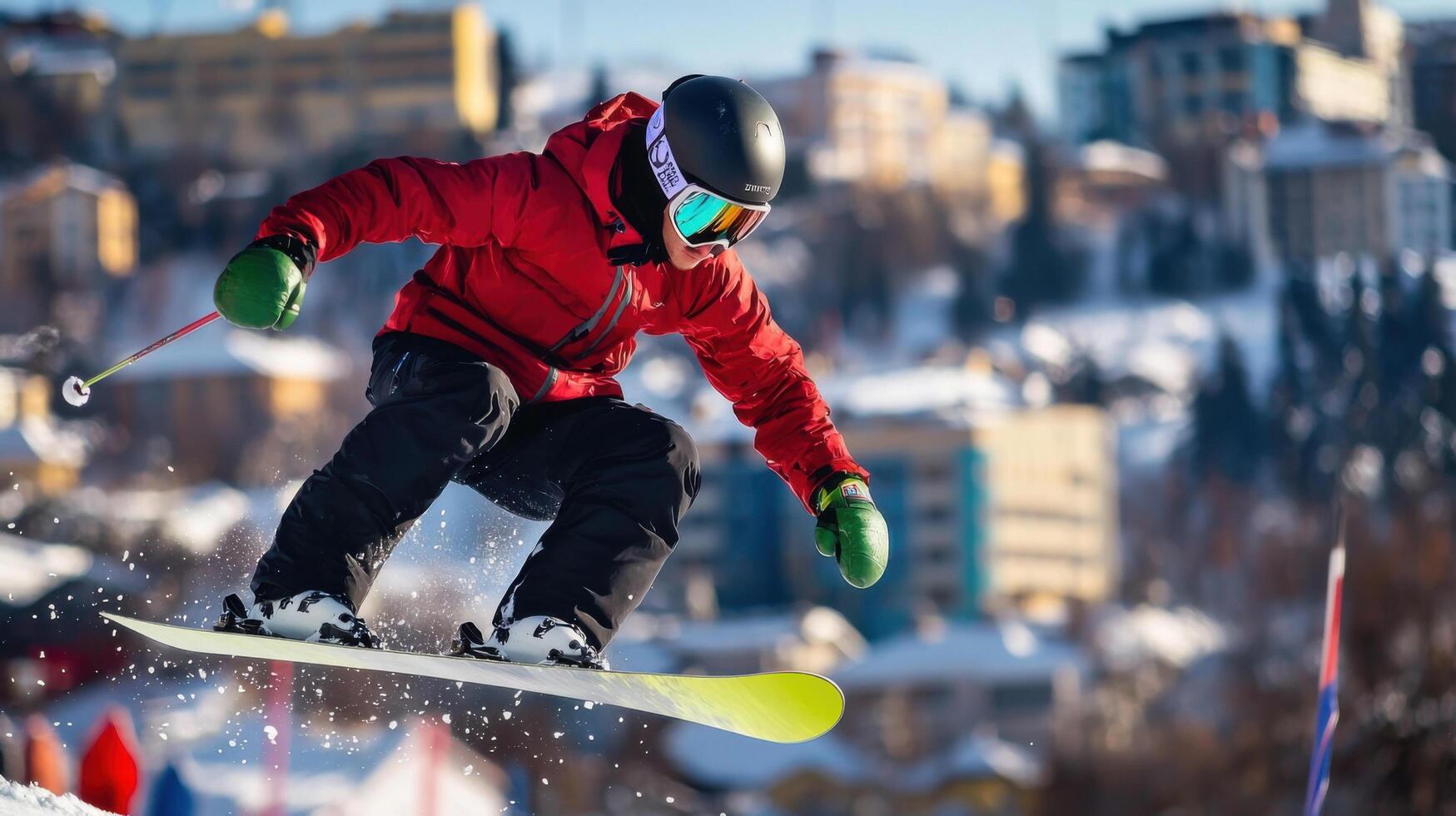 A person in a red jacket is riding a snowboard photo
