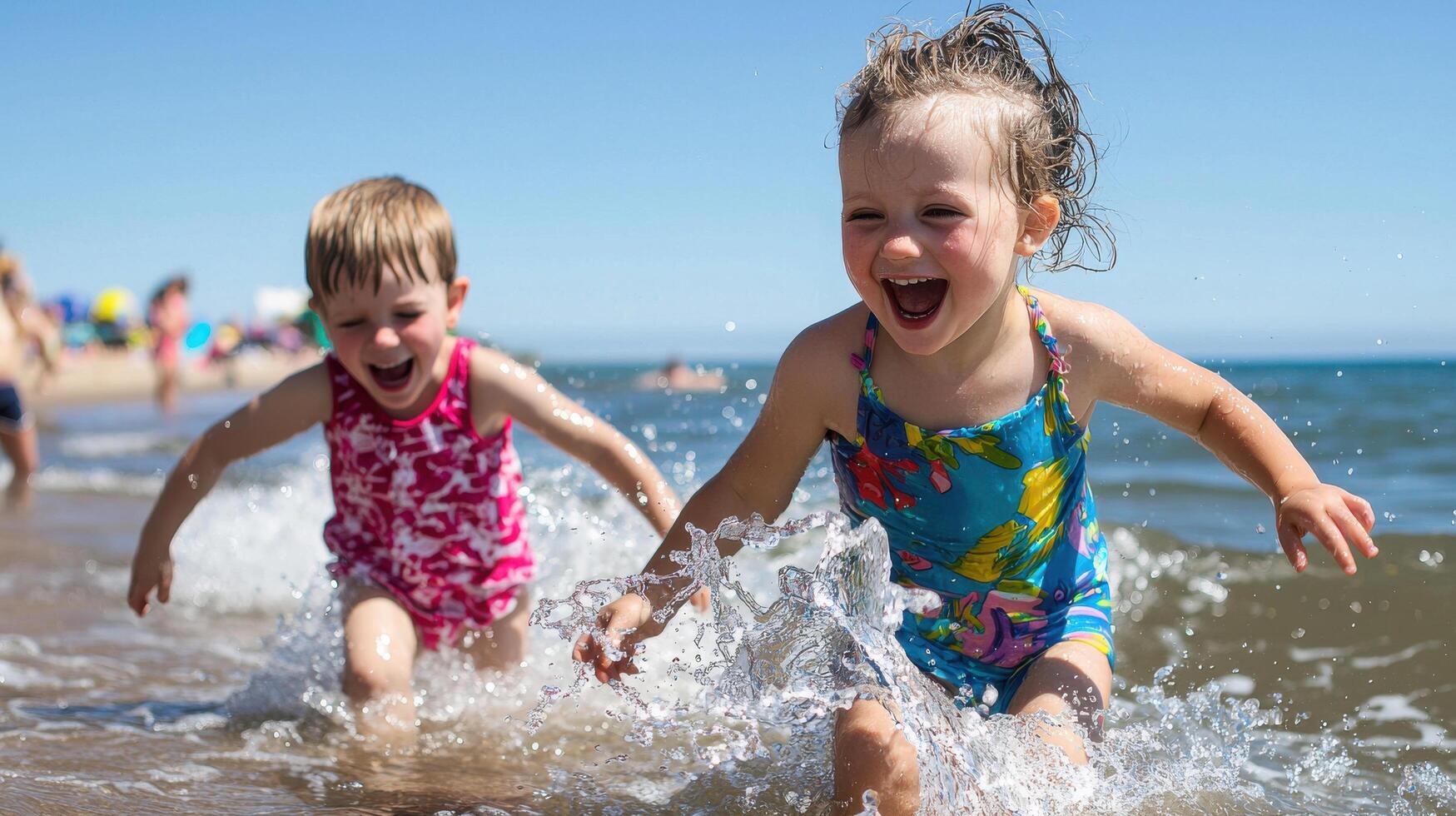 Playful kids splashing in ocean waves at summer beach, enjoying sun photo