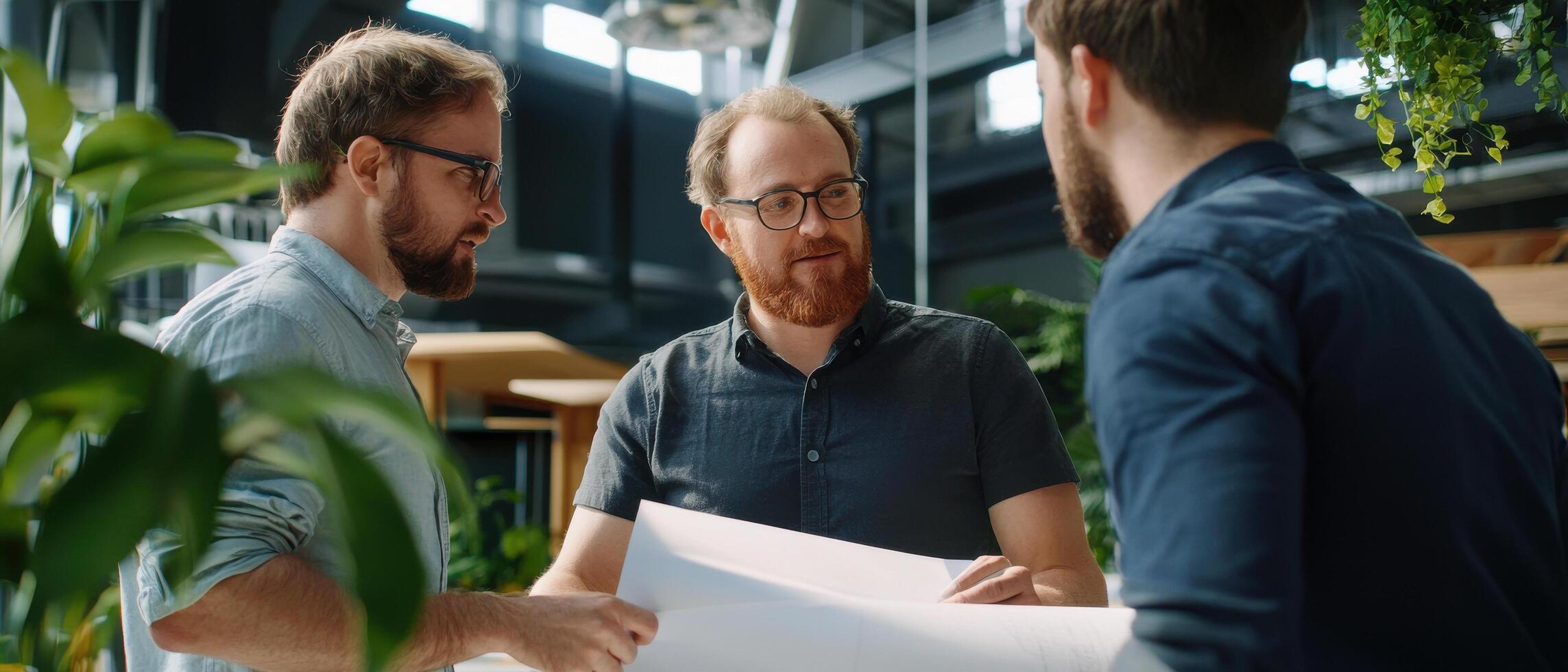 Project managers discussing blueprint plans in modern office environment, showcasing teamwork and collaboration photo