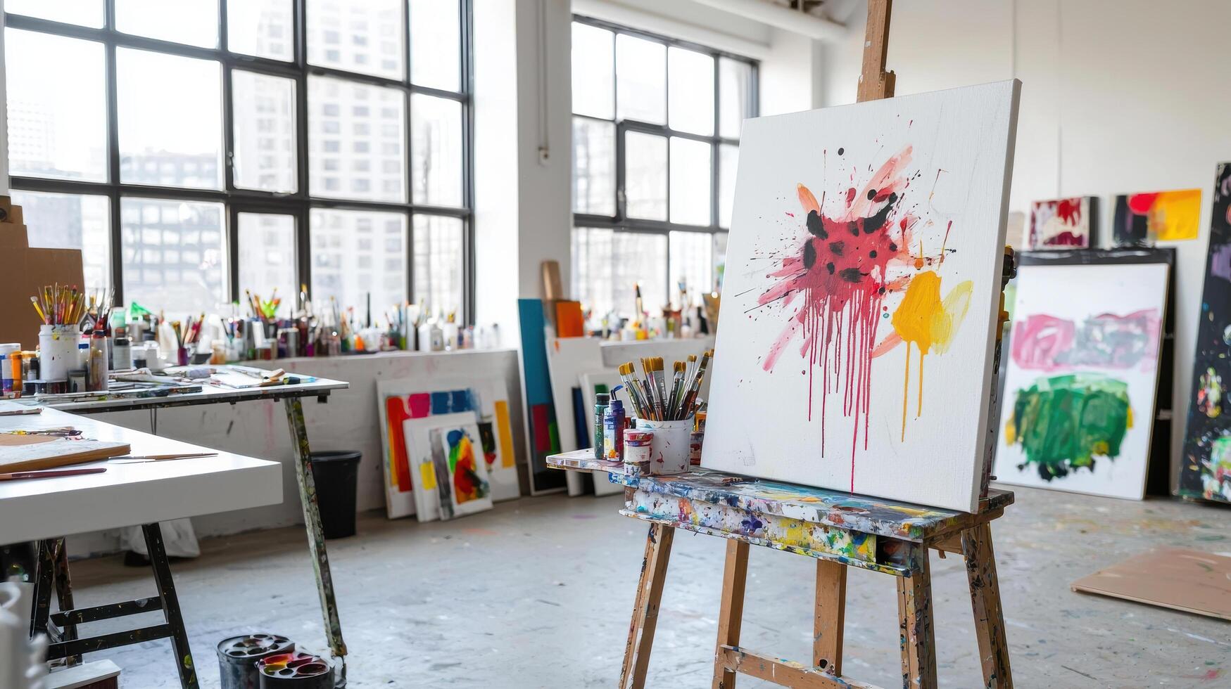 vibrant art studio filled with colorful canvases, paint supplies, and creativity photo