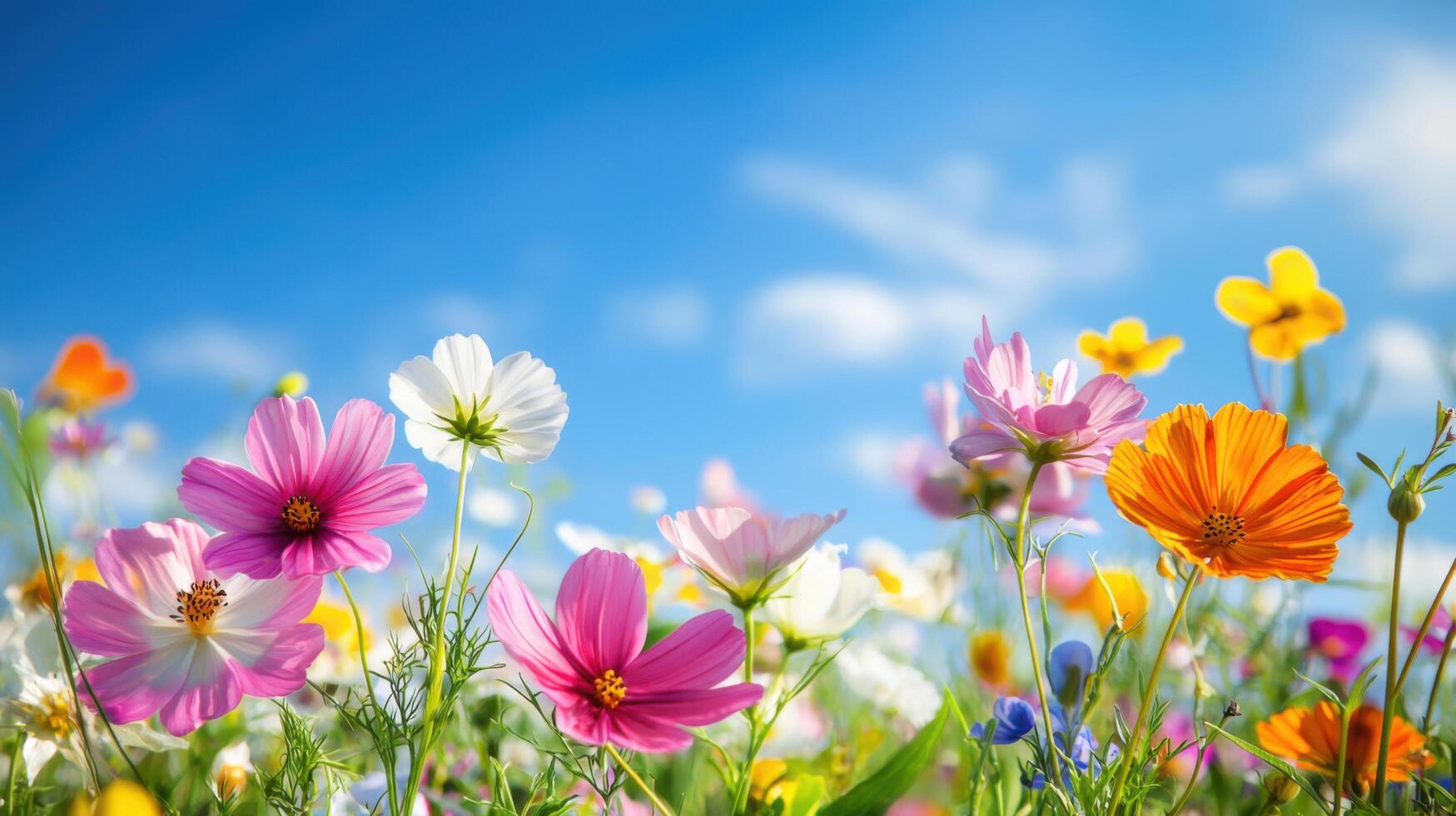vibrant flower field in full bloom under clear blue sky, showcasing colorful blossoms swaying gently in breeze photo