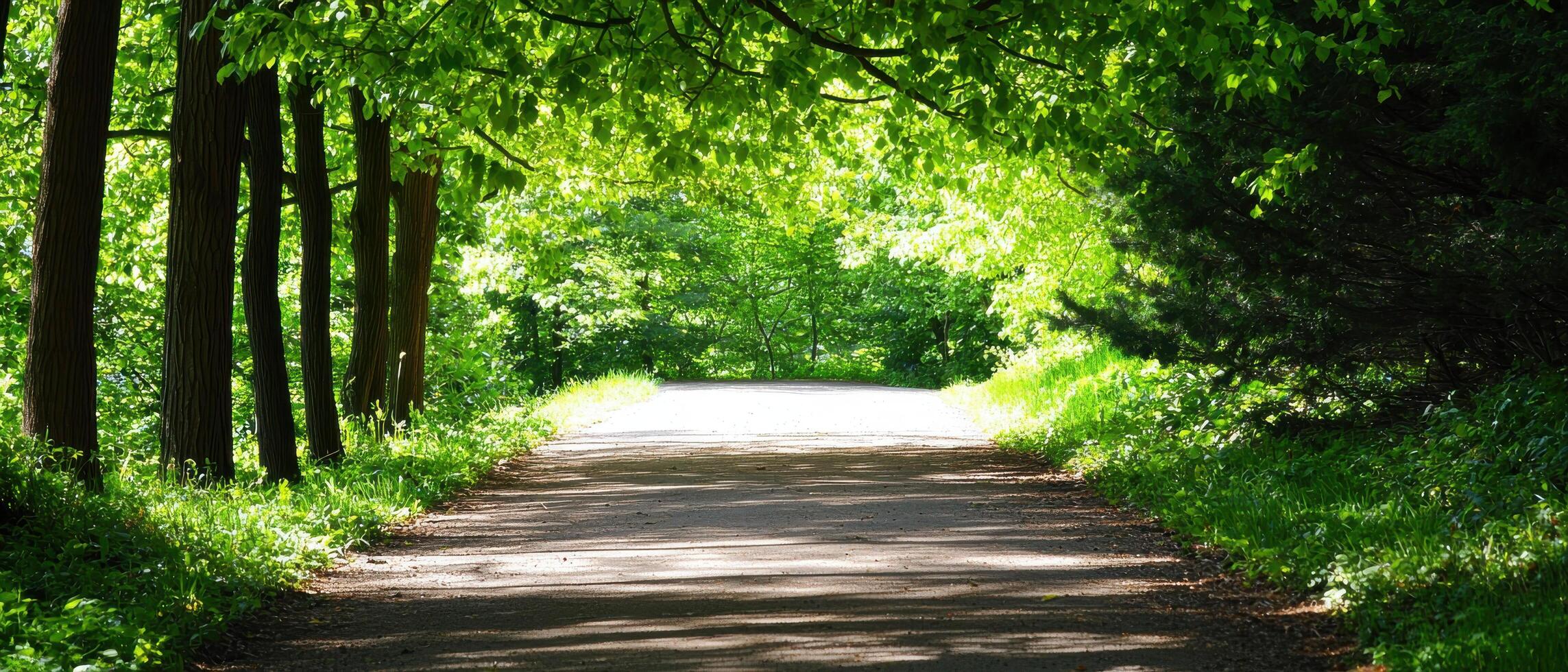 A path through a forest with trees and green grass photo