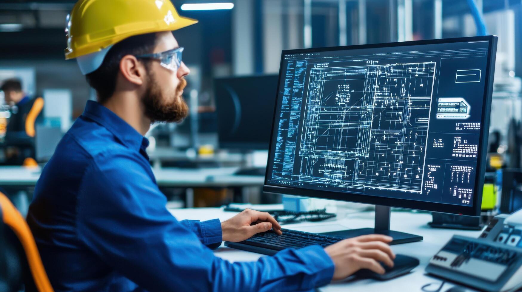 A man in a hard hat and blue shirt is working on a computer photo