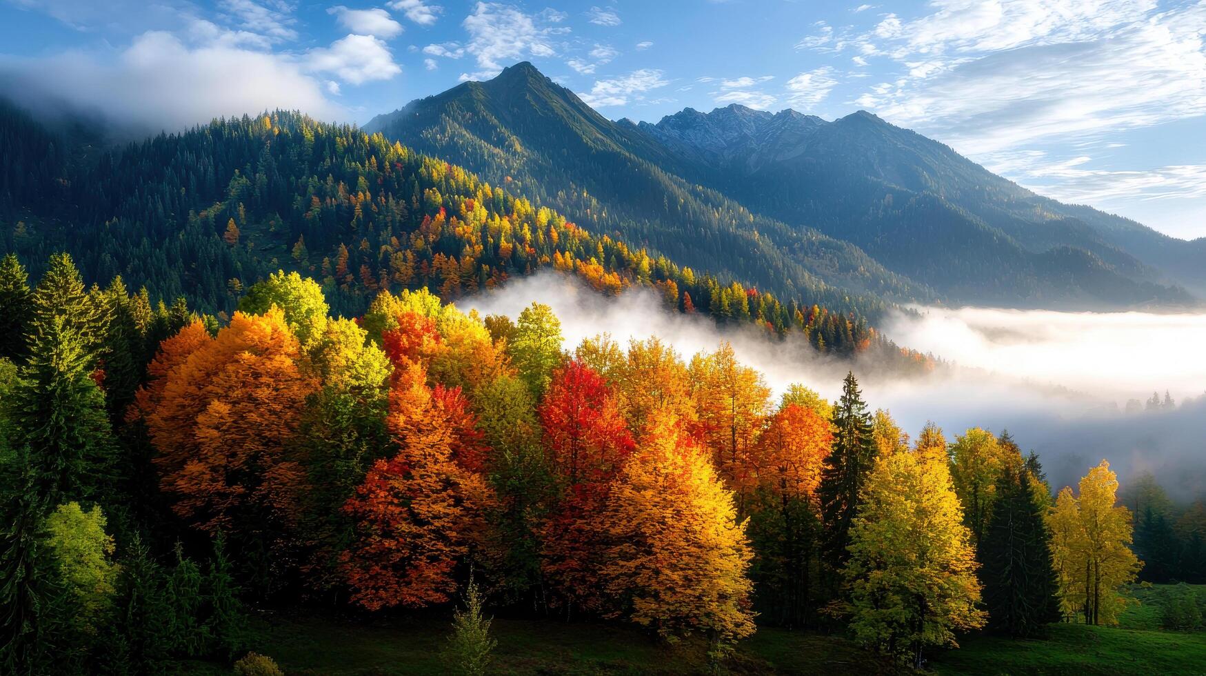 foggy autumn morning in mountain forest with colorful trees and mist photo