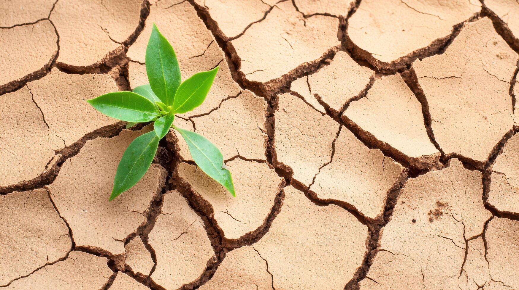 A small plant growing out of cracked earth photo