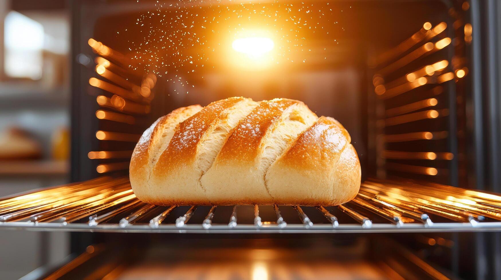 Bread in the oven with light coming from the top photo