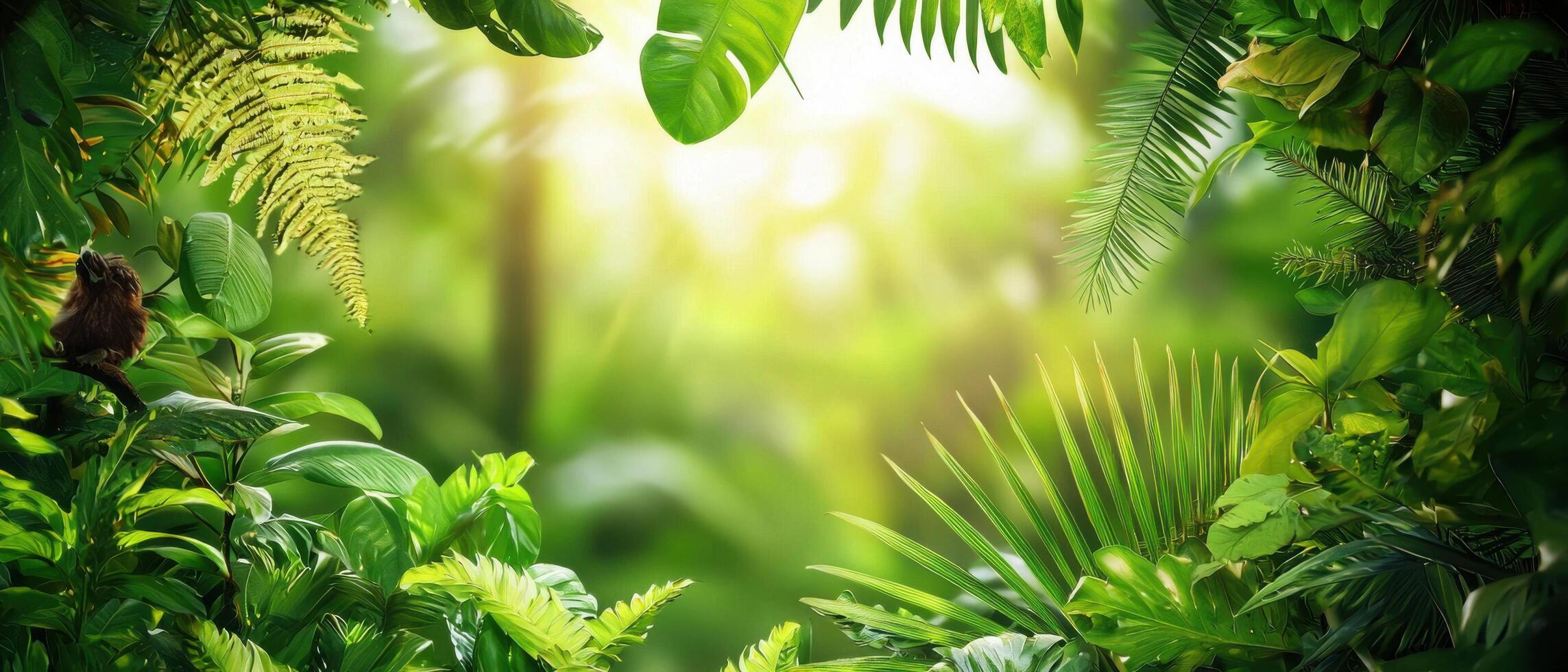 Tropical jungle background with green leaves and sunlight photo