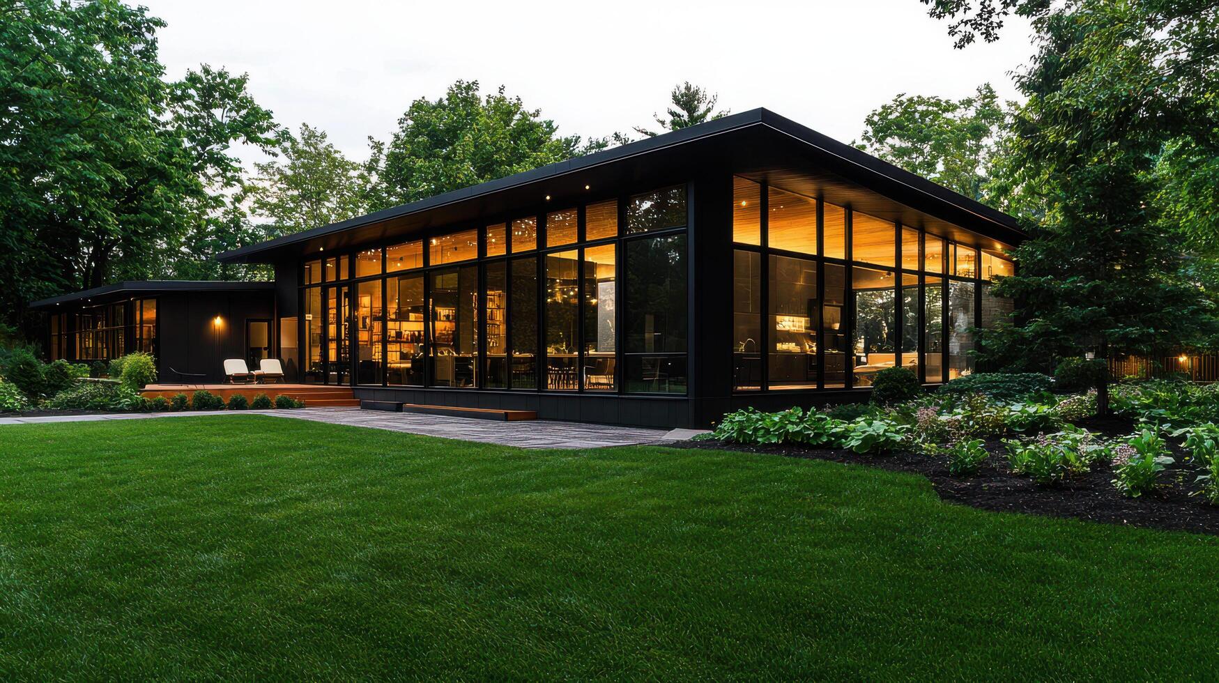 Modern home with large glass walls and lush green lawn photo