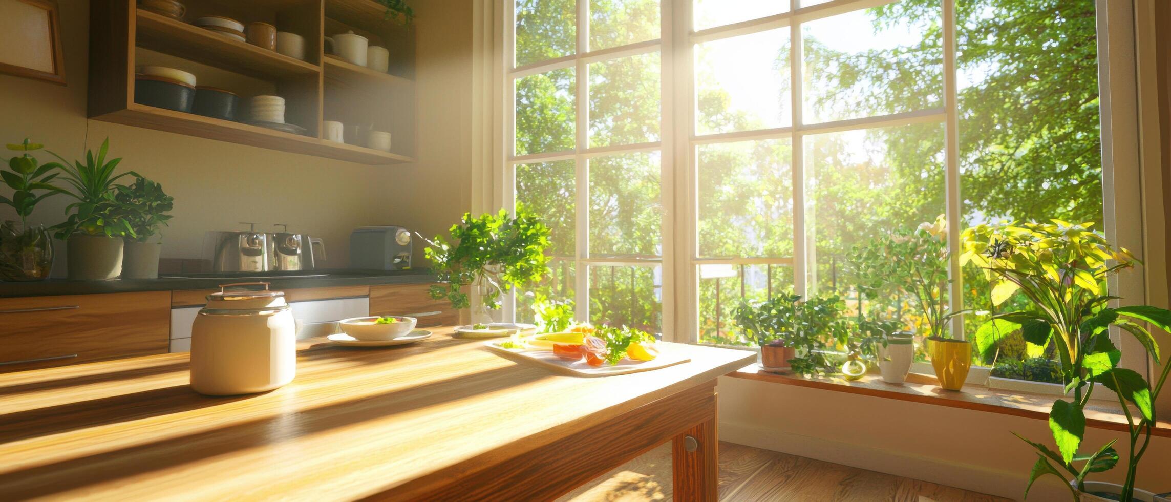 Cozy modern rustic kitchen with sunlight, plants, and wooden decor photo