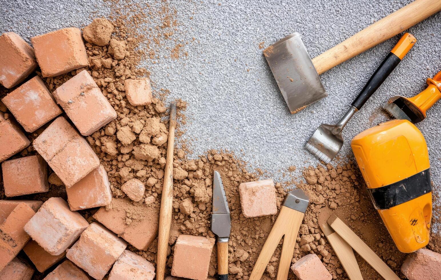 Brick laying tools and materials arranged on surface, showcasing various masonry tools and bricks photo