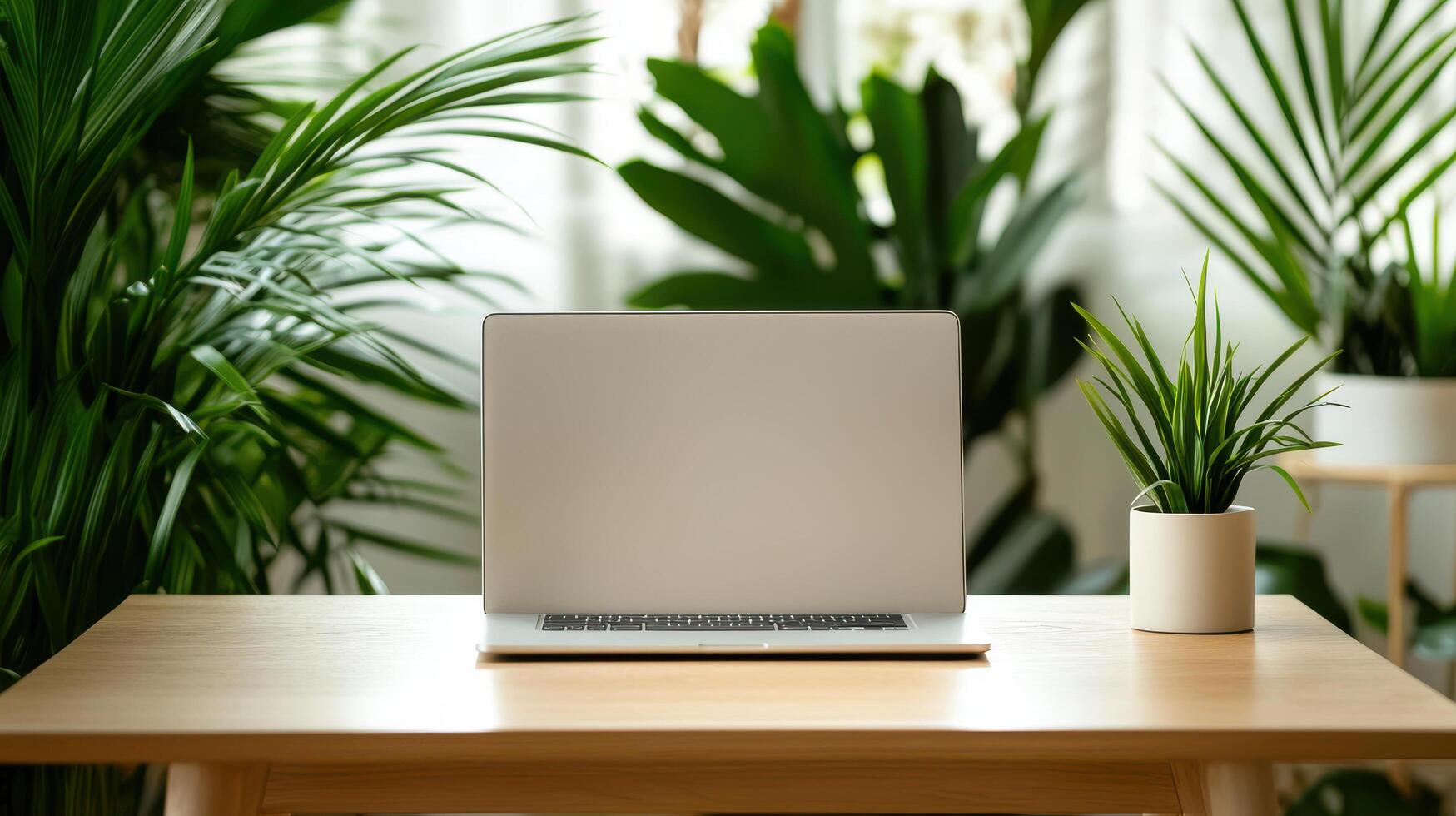 modern workspace featuring laptop on wooden desk surrounded by lush green plants, creating serene and productive atmosphere photo